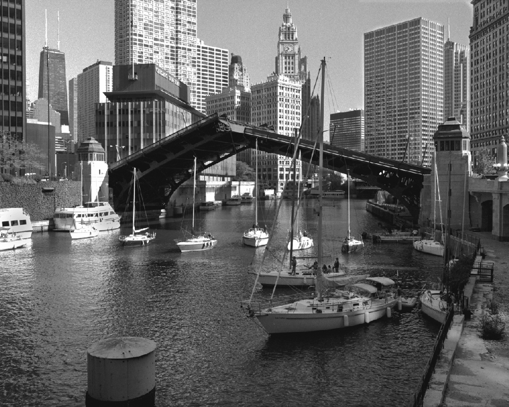 Chicago River & Bridges Up Chicago Black & White Framed Print